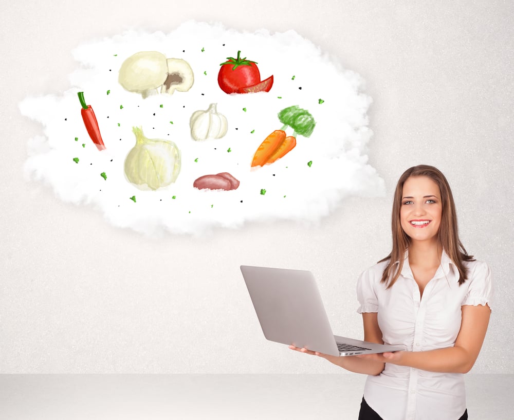 Young girl presenting nutritional cloud with vegetables concept-1